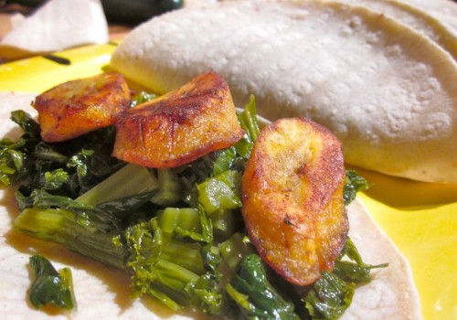 Fried Plantain and Mustard Green Tacos