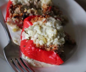 Quinoa-Stuffed Peppers in Tomatillo Cream Sauce Quinoa-Stuffed Peppers in Tomatillo Cream Sauce